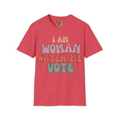 2-sided, I Am Woman Watch Me Vote Light colors Unisex T-Shirt by theGreenDragonTavern.shop
