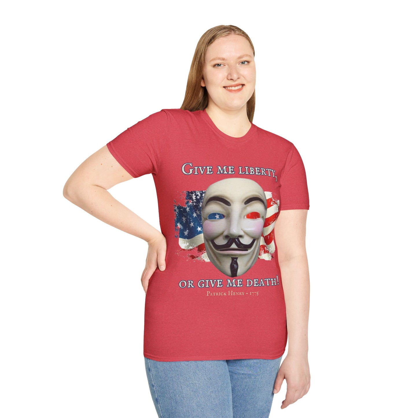 Vendetta, "Give me liberty, or give me death!" Light colors Unisex T-Shirt by theGreenDragonTavern.shop