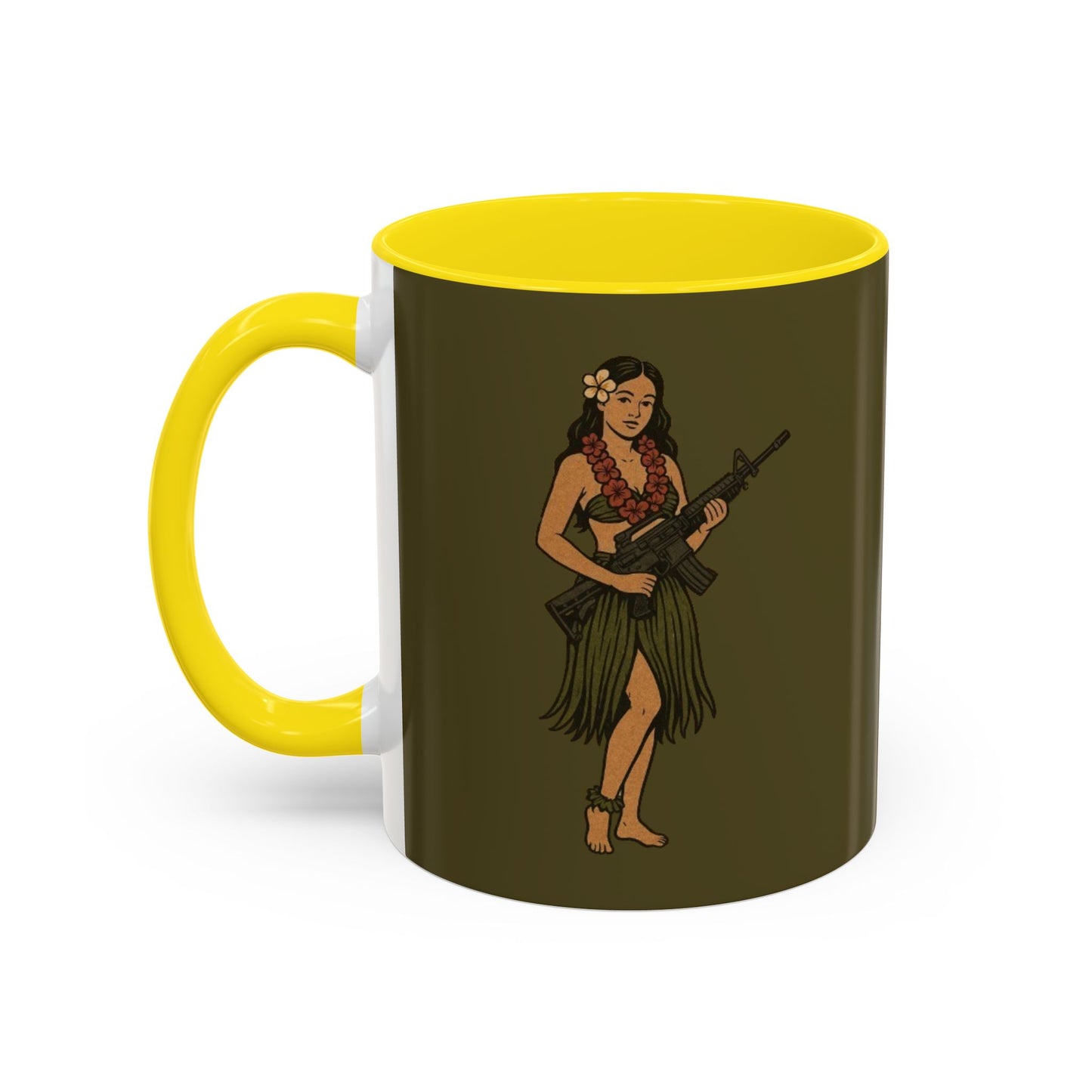Hula Girl Packin' Heat Dark Green Accent Mug by theGreenDragonTavern.shop