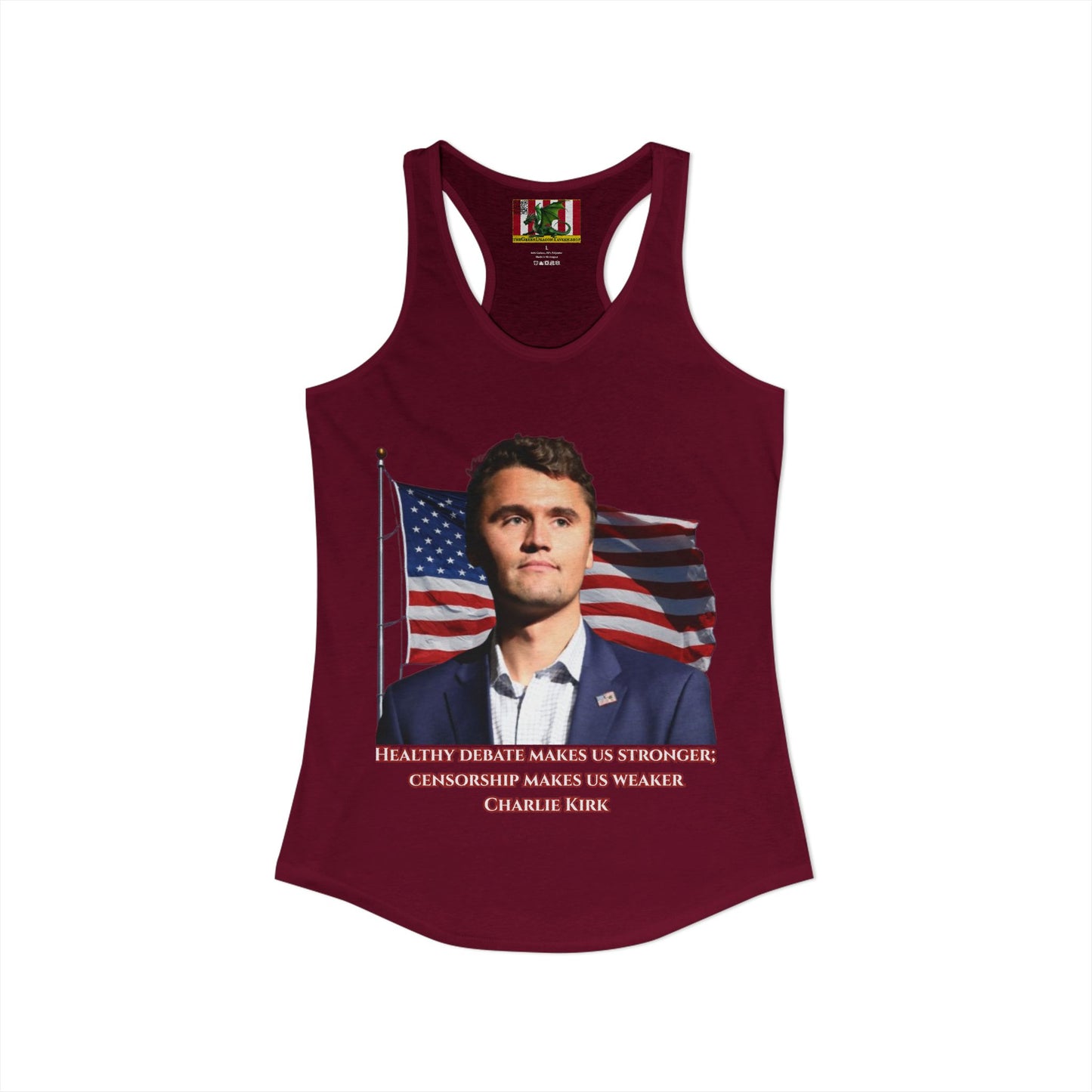 Charlie Kirk, Healthy Debate Women's Racerback Tank Top by theGreenDragonTavern.shop