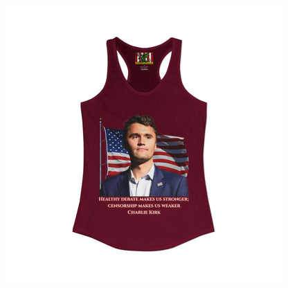 Charlie Kirk, Healthy Debate Women's Racerback Tank Top by theGreenDragonTavern.shop