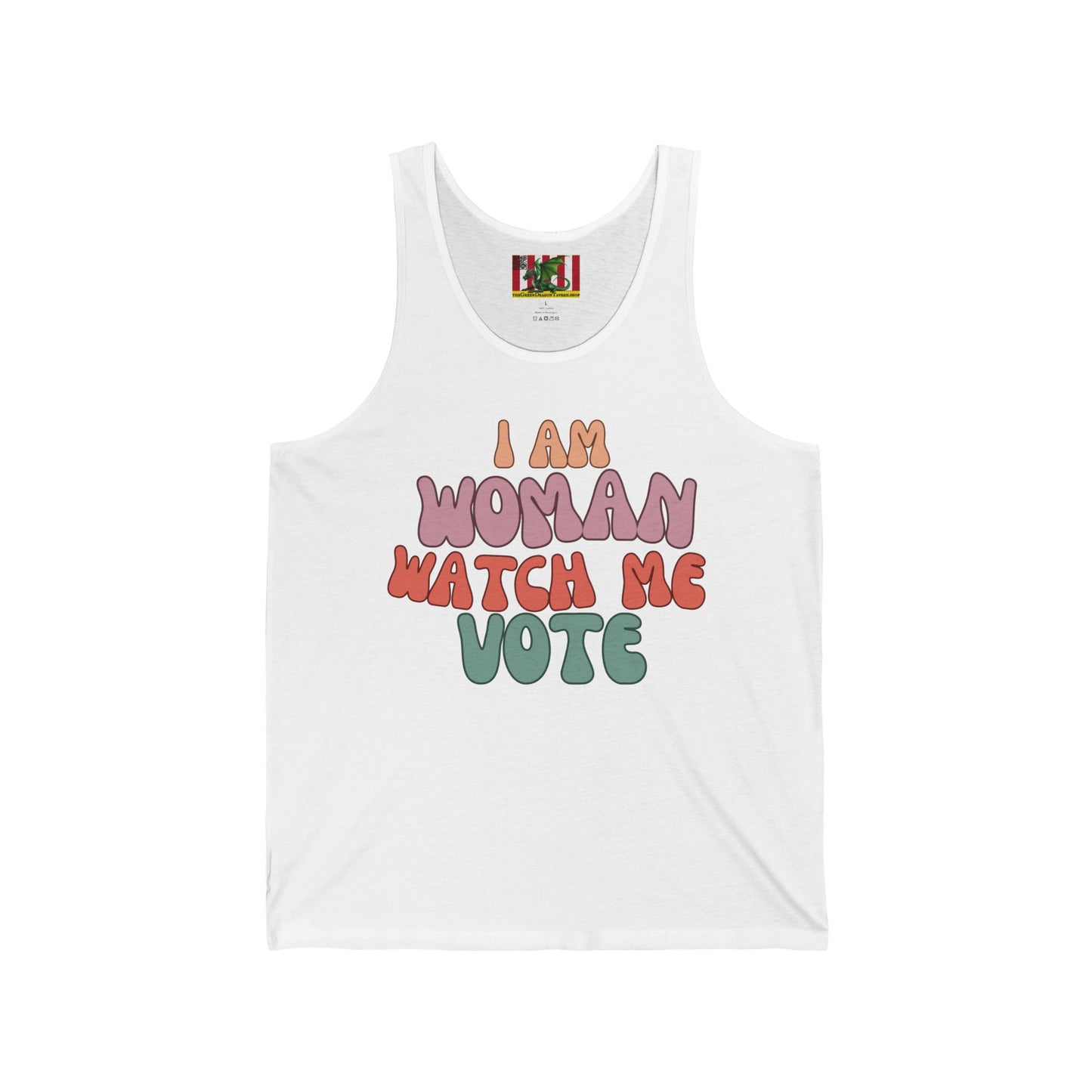 2-sided, I Am Woman Watch Me Vote Unisex Jersey Tank Top by theGreenDragonTavern.shop
