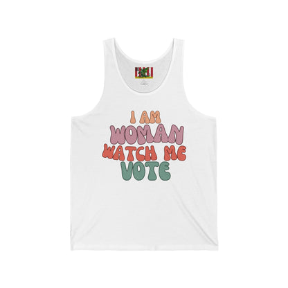 2-sided, I Am Woman Watch Me Vote Unisex Jersey Tank Top by theGreenDragonTavern.shop