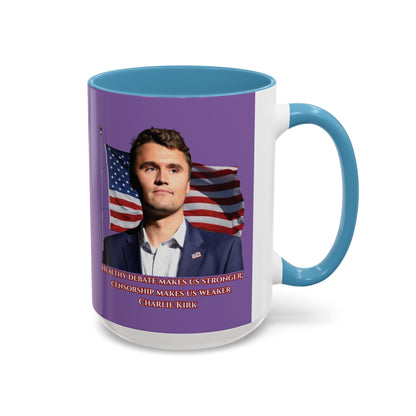 Charlie Kirk, Healthy Debate Light Purple Accent Mug by theGreenDragonTavern.shop