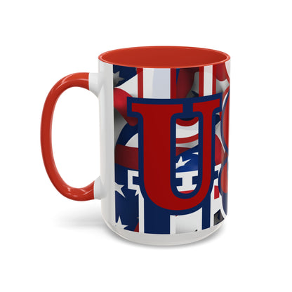 USA! USA! USA Red font Patriot Blue Accent Mug by theGreenDragonTavern.shop