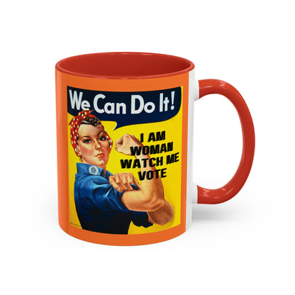 I Am Woman Watch Me Vote Rosie Orange Accent Mug by theGreenDragonTavern.shop