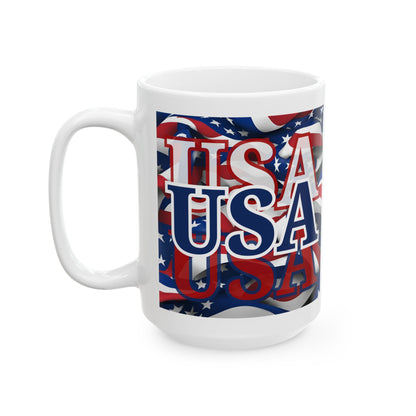 USA Blue font Center Patriot White Mug by theGreenDragonTavern.shop