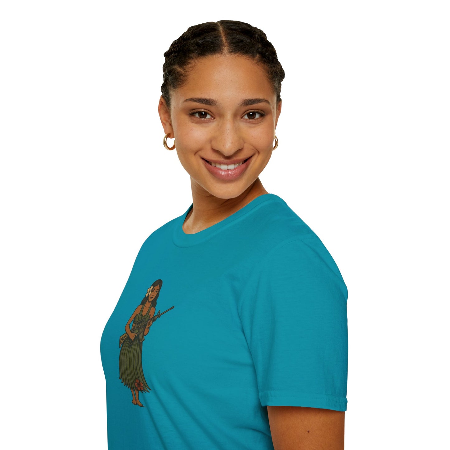 2-sided, Hula Girl Packin' Heat Dark colors Unisex T-Shirt by theGreenDragonTavern.shop