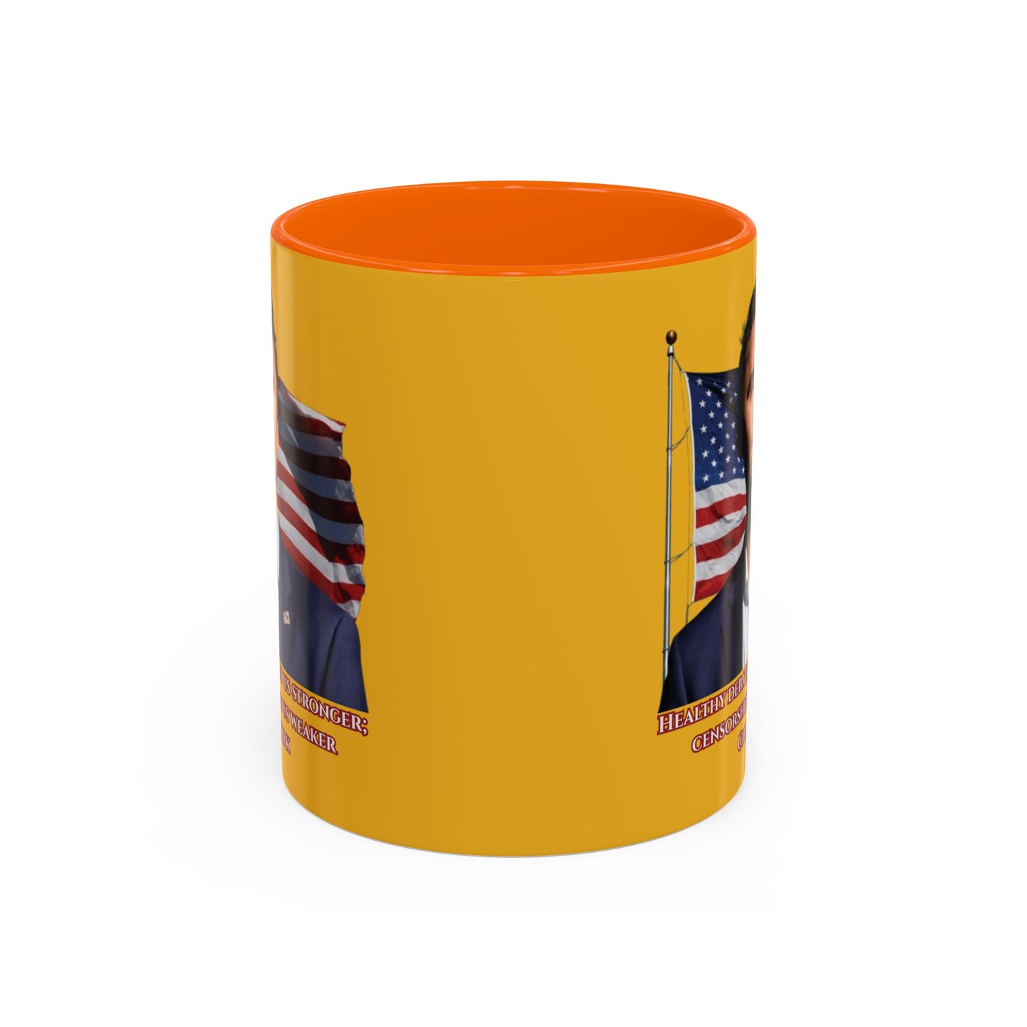 Charlie Kirk, Healthy Debate Yellow Accent Mug by theGreenDragonTavern.shop