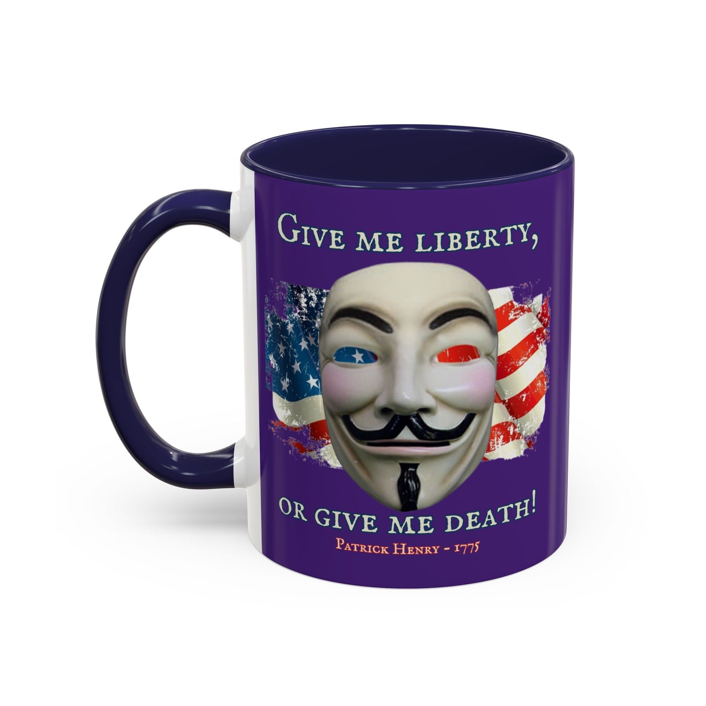Vendetta, "Give me liberty, or give me death!" Purple Accent Mug by theGreenDragonTavern.shop
