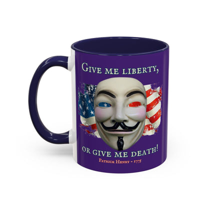 Vendetta, "Give me liberty, or give me death!" Purple Accent Mug by theGreenDragonTavern.shop