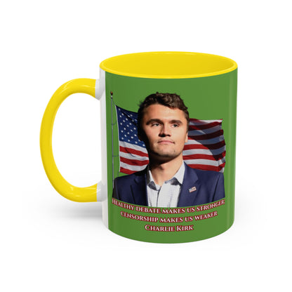 Charlie Kirk, Healthy Debate Green Accent Mug by theGreenDragonTavern.shop