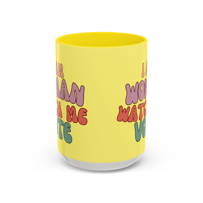 I Am Woman Watch Me Vote Yellow Accent Mug by theGreenDragonTavern.shop