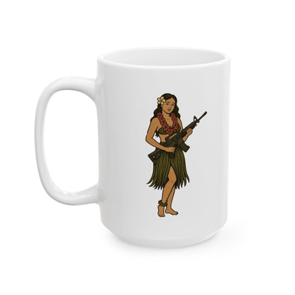 Hula Girl Packin' Heat White Mug by theGreenDragonTavern.shop