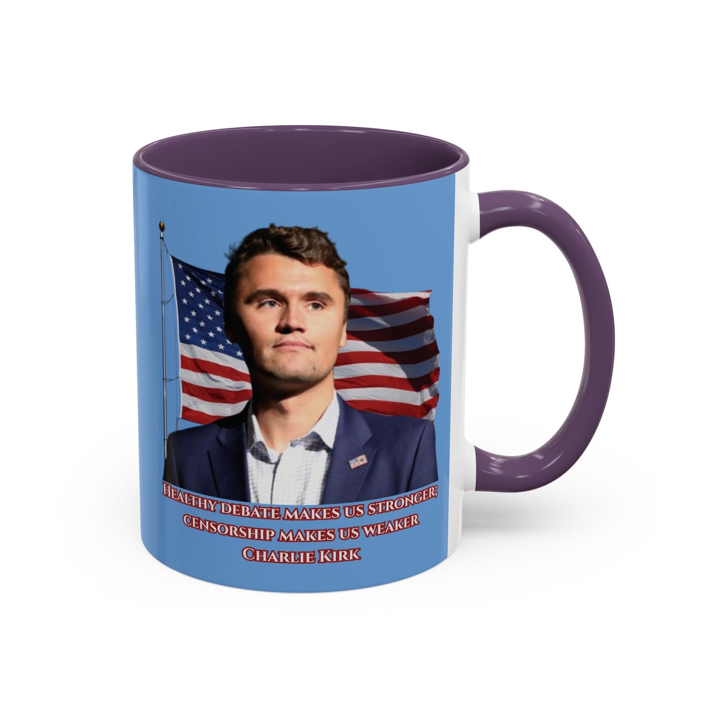 Charlie Kirk, Healthy Debate Light Blue Accent Mug by theGreenDragonTavern.shop