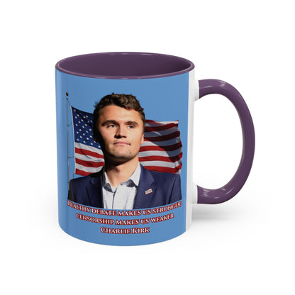 Charlie Kirk, Healthy Debate Light Blue Accent Mug by theGreenDragonTavern.shop