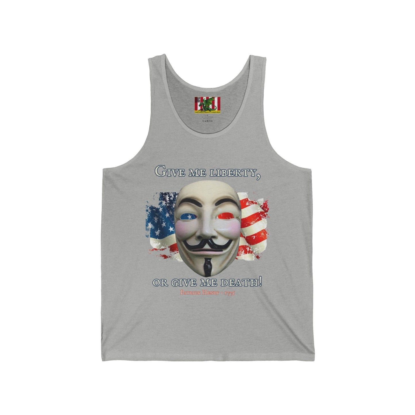 Vendetta, "Give me liberty, or give me death!" Unisex Jersey Tank Top by theGreenDragonTavern.shop