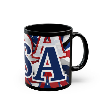 USA! USA! USA Blue font Patriot Black Mug by theGreenDragonTavern.shop