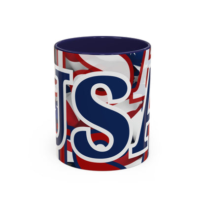 USA! USA! USA Blue font Patriot White Accent Mug by theGreenDragonTavern.shop
