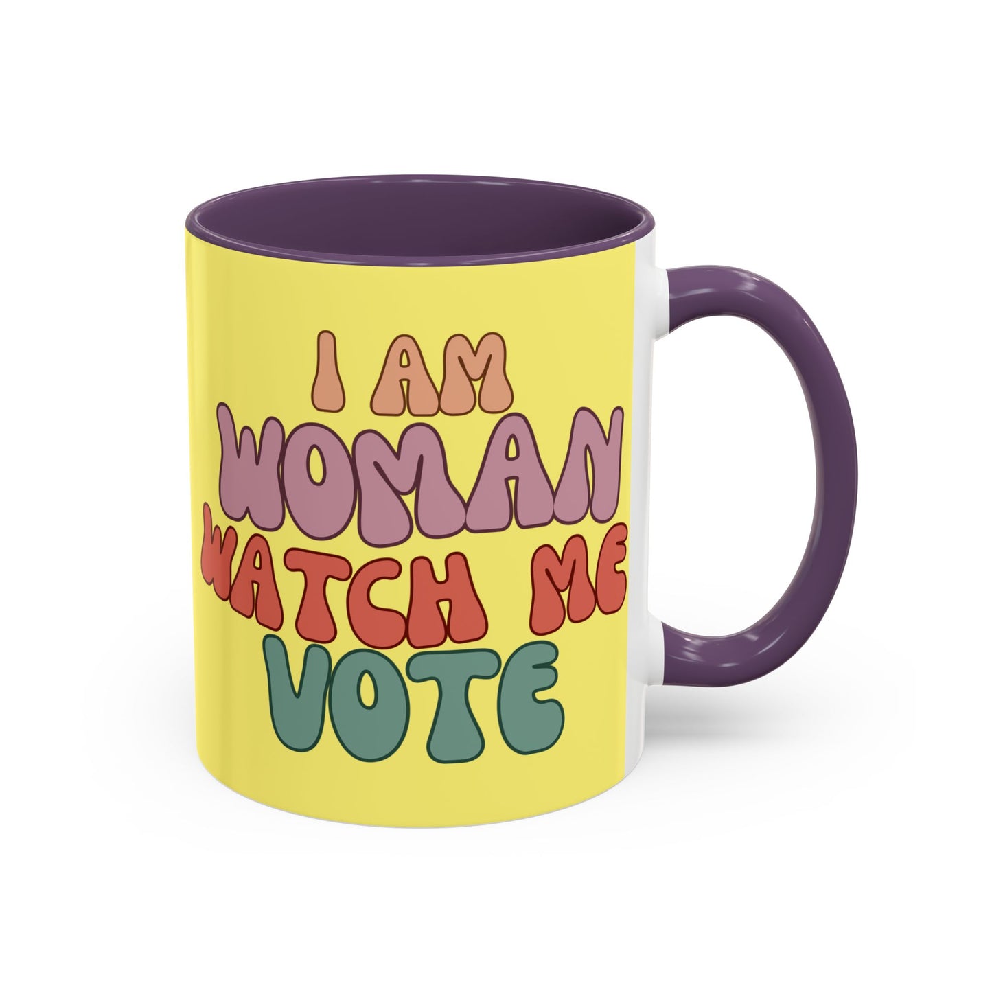 I Am Woman Watch Me Vote Yellow Accent Mug by theGreenDragonTavern.shop