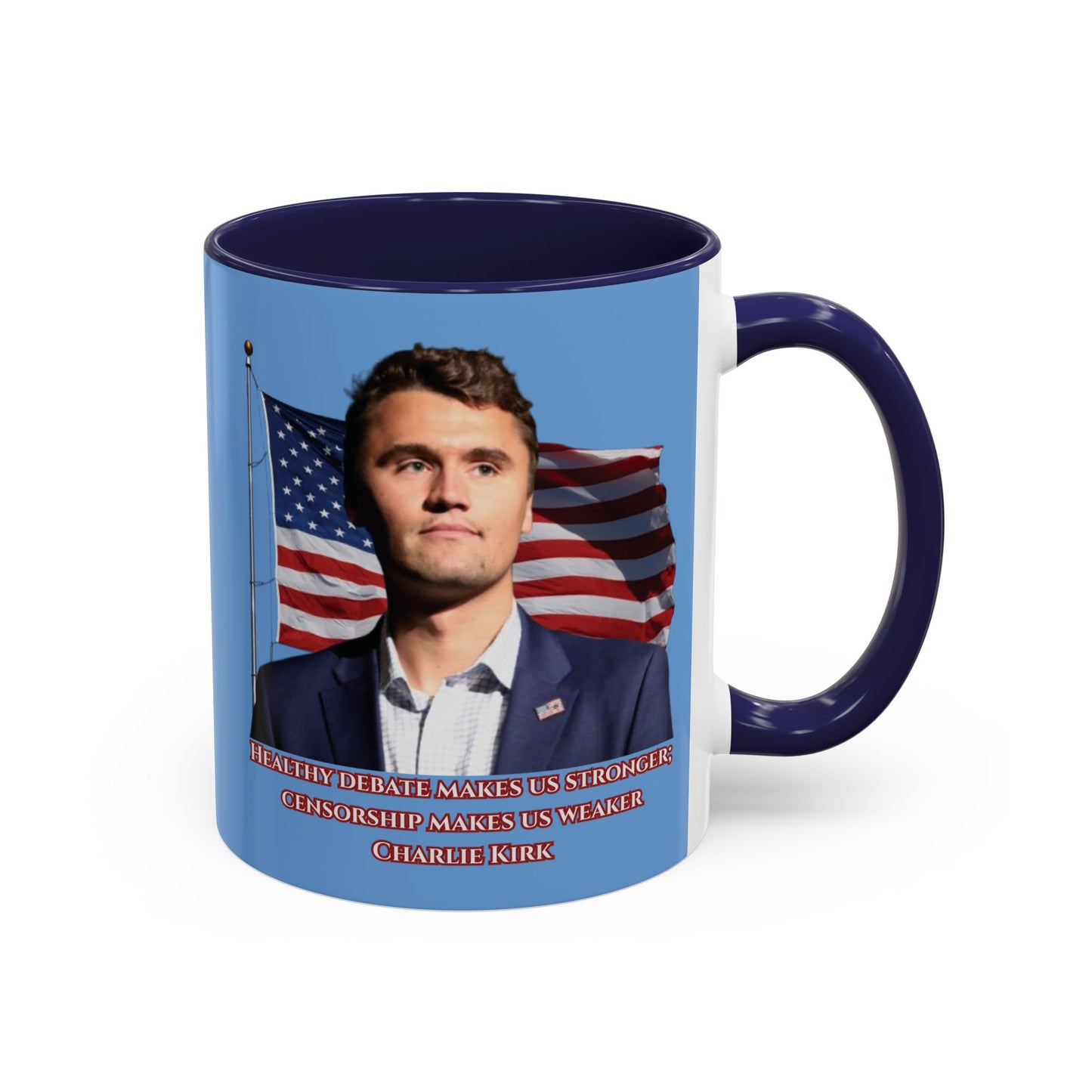 Charlie Kirk, Healthy Debate Light Blue Accent Mug by theGreenDragonTavern.shop