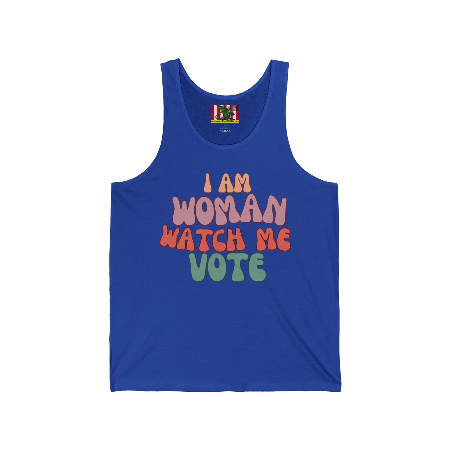 2-sided I Am Woman Watch Me Vote Unisex Jersey Tank Top by theGreenDragonTavern.shop