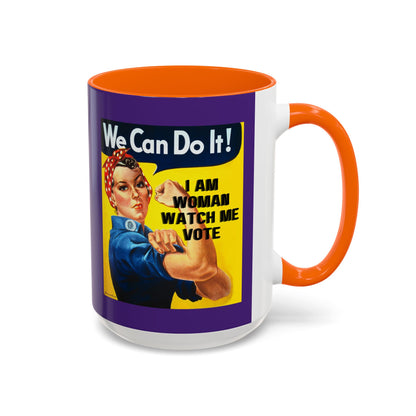 I Am Woman Watch Me Vote Rosie Dark Purple Accent Mug by theGreenDragonTavern.shop