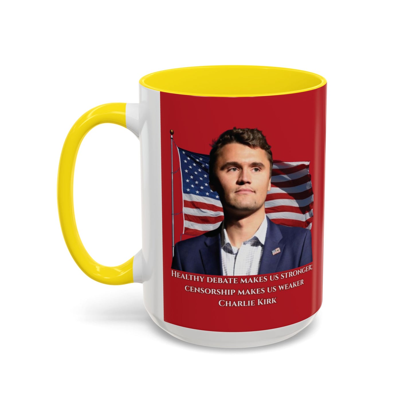 Charlie Kirk, Healthy Debate Red Accent Mug by theGreenDragonTavern.shop