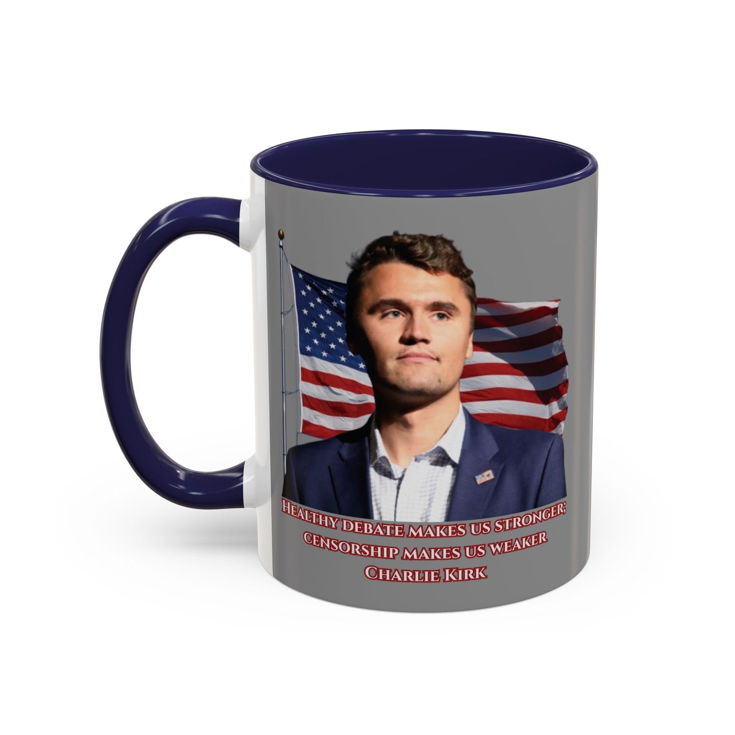 Charlie Kirk, Healthy Debate Grey Accent Mug by theGreenDragonTavern.shop