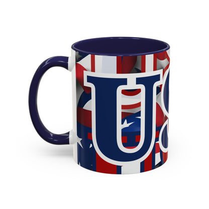 USA! USA! USA Blue font Patriot White Accent Mug by theGreenDragonTavern.shop