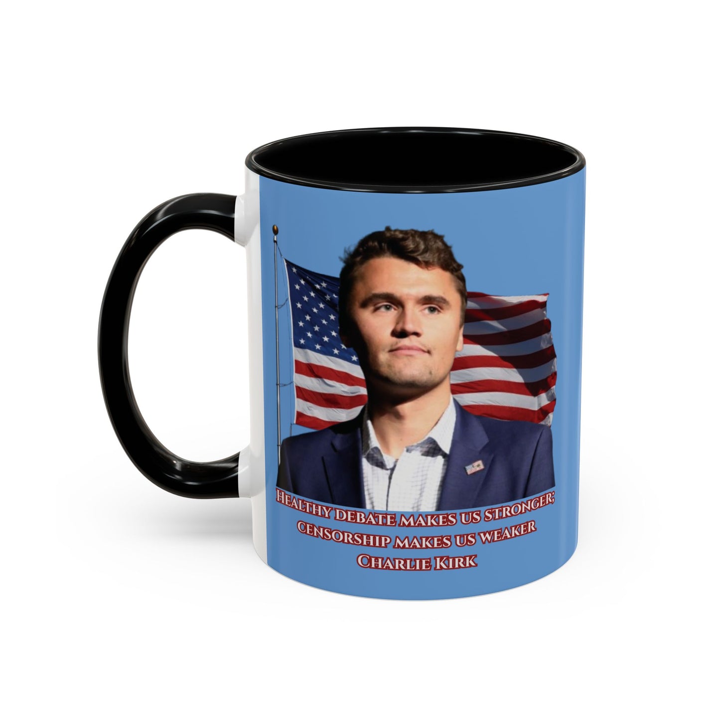Charlie Kirk, Healthy Debate Light Blue Accent Mug by theGreenDragonTavern.shop