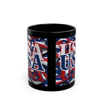 USA Blue font Center Patriot Black Mug by theGreenDragonTavern.shop