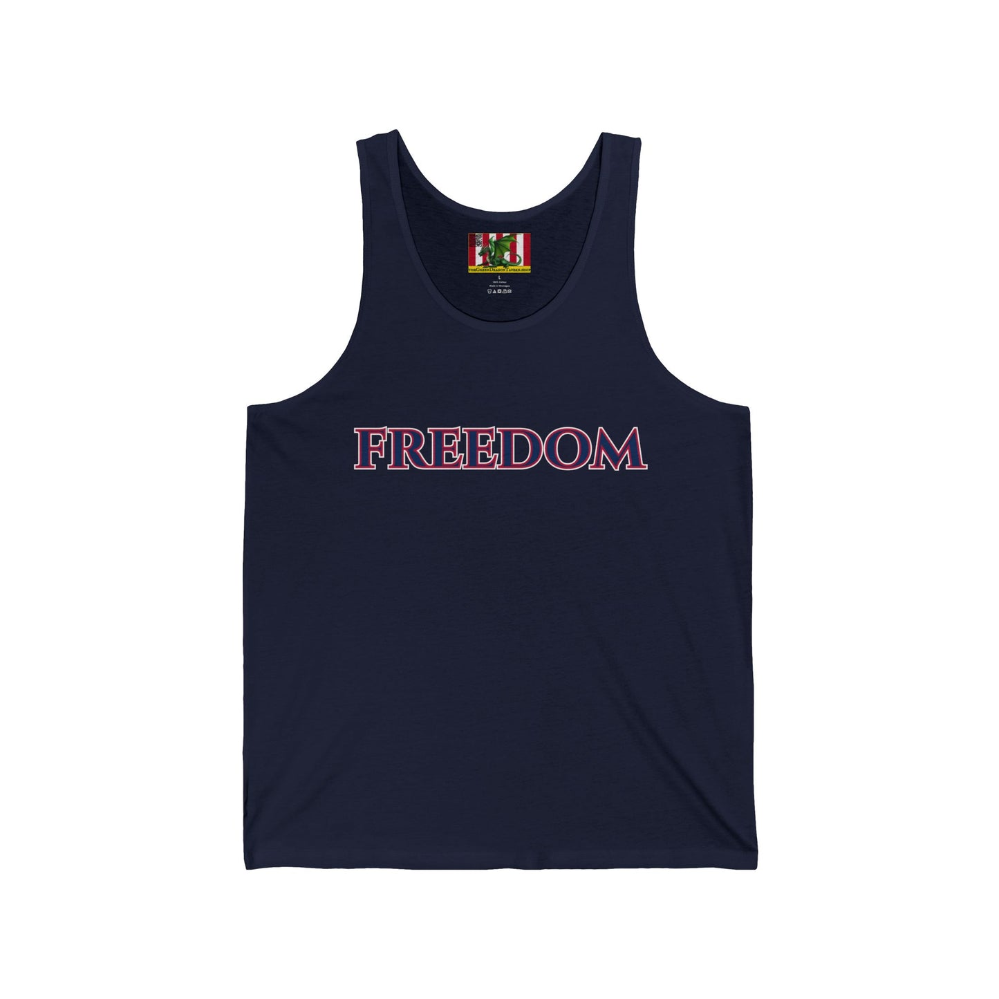 Freedom, Blue font Unisex Jersey Tank Top by theGreenDragonTavern.shop