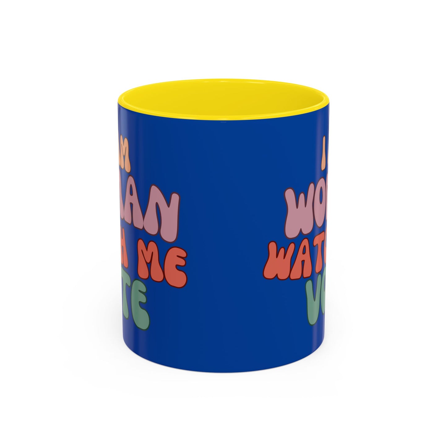 I Am Woman Watch Me Vote Dark Blue Accent Mug by theGreenDragonTavern.shop