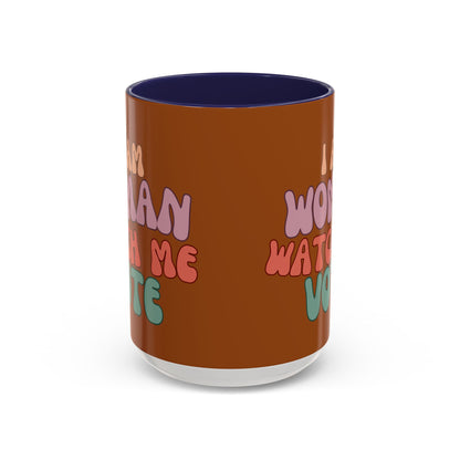 I Am Woman Watch Me Vote Brown Accent Mug by theGreenDragonTavern.shop