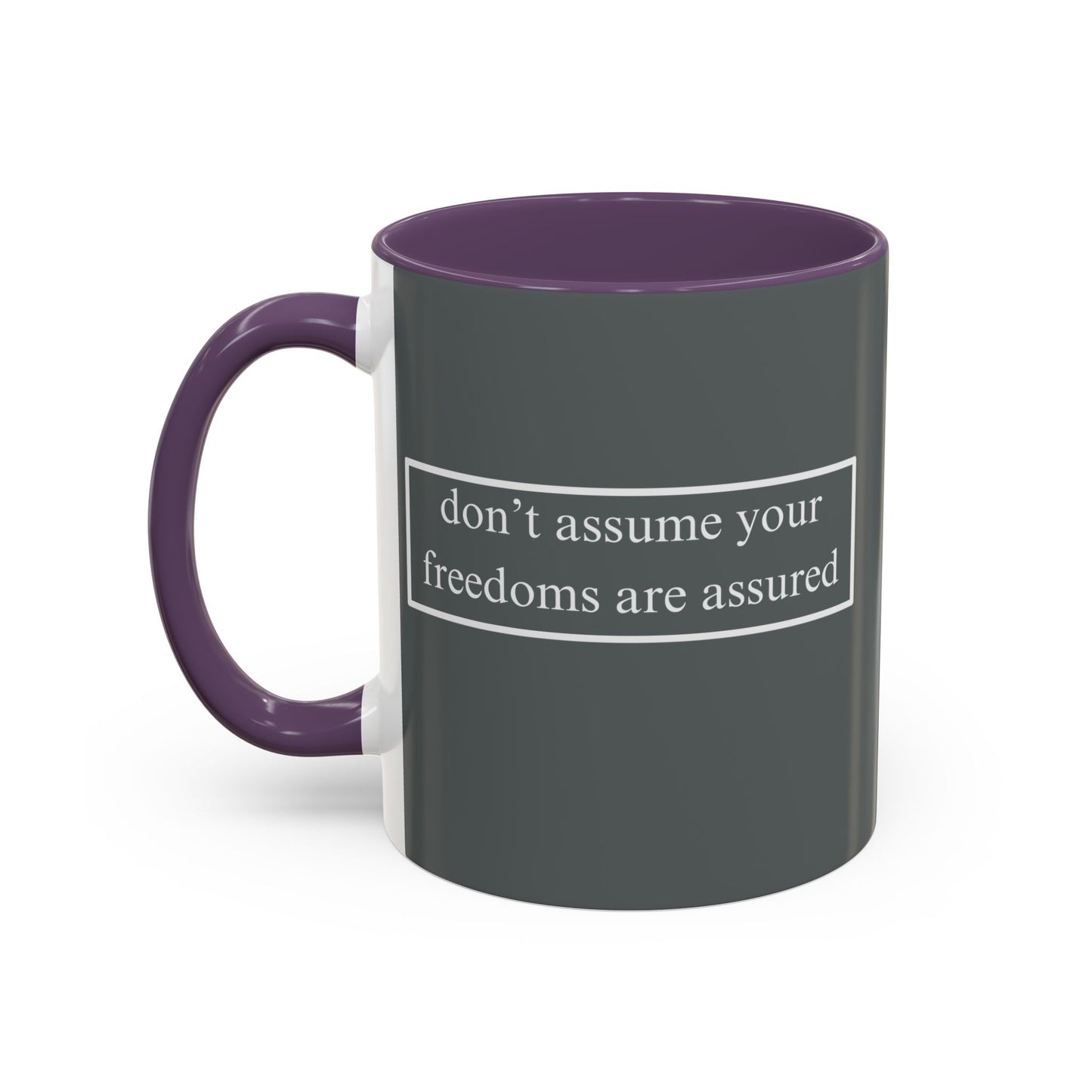 don't assume your freedoms are assured White font Grey Accent Mug by theGreenDragonTavern.shop