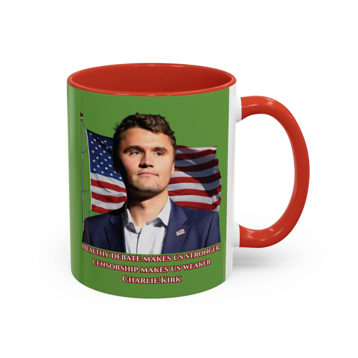 Charlie Kirk, Healthy Debate Green Accent Mug by theGreenDragonTavern.shop