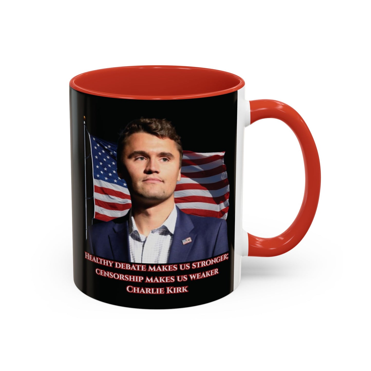 Charlie Kirk, Healthy Debate Black Accent Mug by theGreenDragonTavern.shop