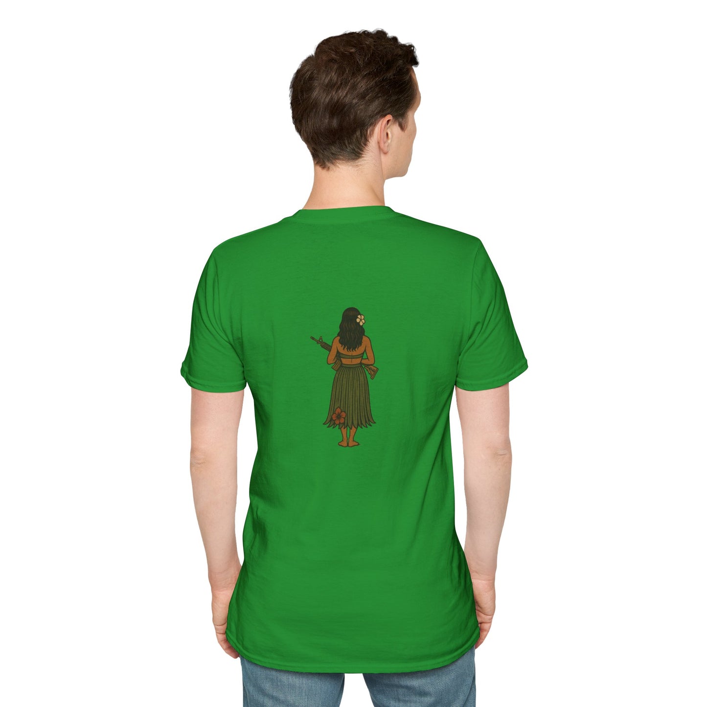 2-sided, Hula Girl Packin' Heat Dark colors Unisex T-Shirt by theGreenDragonTavern.shop