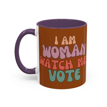 I Am Woman Watch Me Vote Brown Accent Mug by theGreenDragonTavern.shop