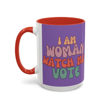I Am Woman Watch Me Vote Light Purple Accent Mug by theGreenDragonTavern.shop