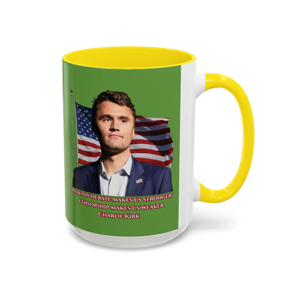 Charlie Kirk, Healthy Debate Green Accent Mug by theGreenDragonTavern.shop
