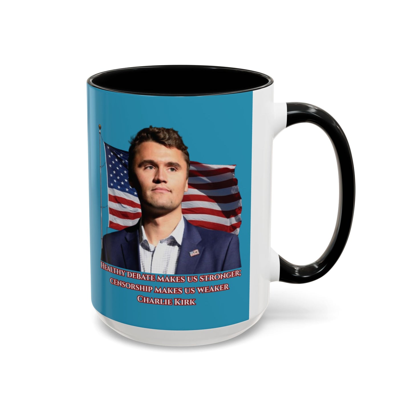 Charlie Kirk, Healthy Debate Turquoise Accent Mug by theGreenDragonTavern.shop