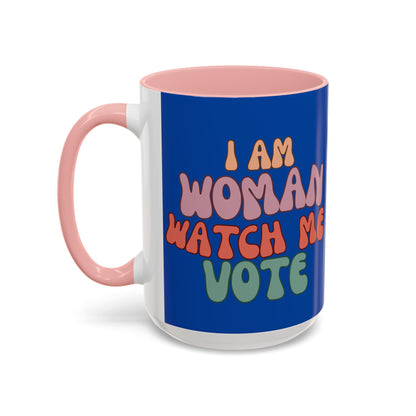 I Am Woman Watch Me Vote Dark Blue Accent Mug by theGreenDragonTavern.shop