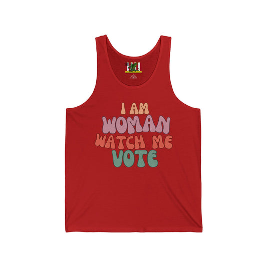I Am Woman Watch Me Vote Unisex Jersey Tank Top by theGreenDragonTavern.shop