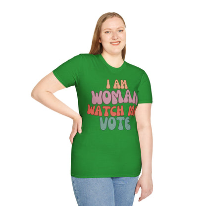 2-sided, I Am Woman Watch Me Vote Dark colors Unisex T-Shirt by theGreenDragonTavern.shop