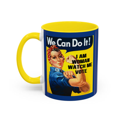 I Am Woman Watch Me Vote Rosie Dark Blue Accent Mug by theGreenDragonTavern.shop