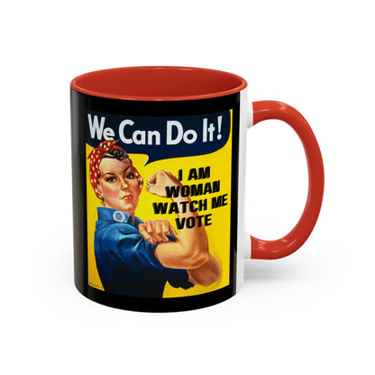 I Am Woman Watch Me Vote Rosie Black Accent Mug by theGreenDragonTavern.shop