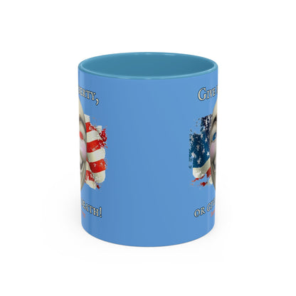 Vendetta, "Give me liberty, or give me death!" Blue Accent Mug by theGreenDragonTavern.shop