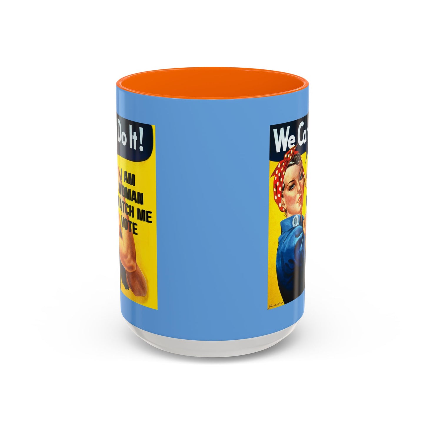 I Am Woman Watch Me Vote Rosie Light Blue Accent Mug by theGreenDragonTavern.shop